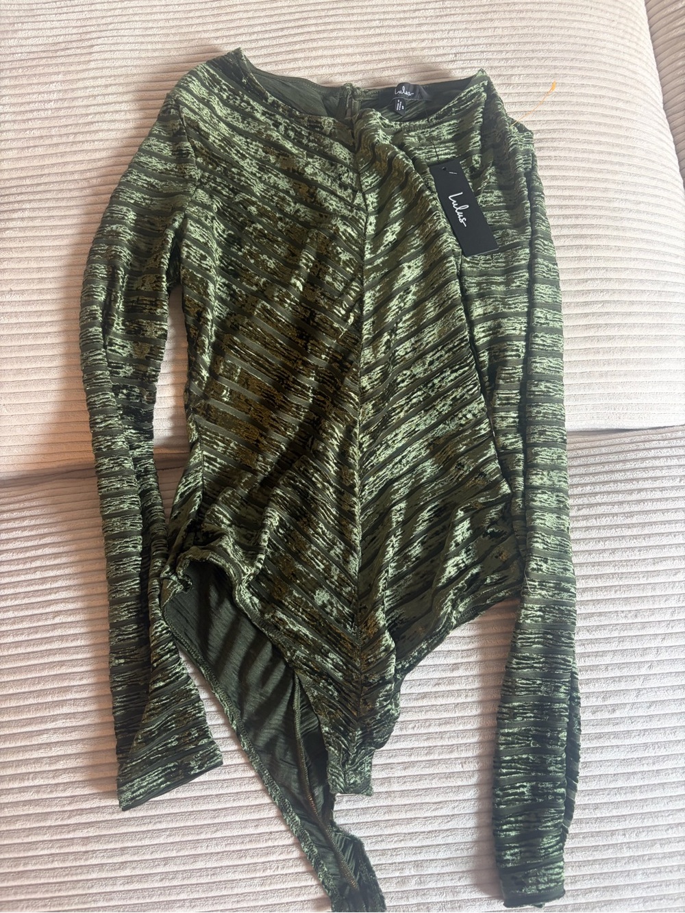Lulu's Olive Green Textured Striped Long-Sleeve Bodysuit